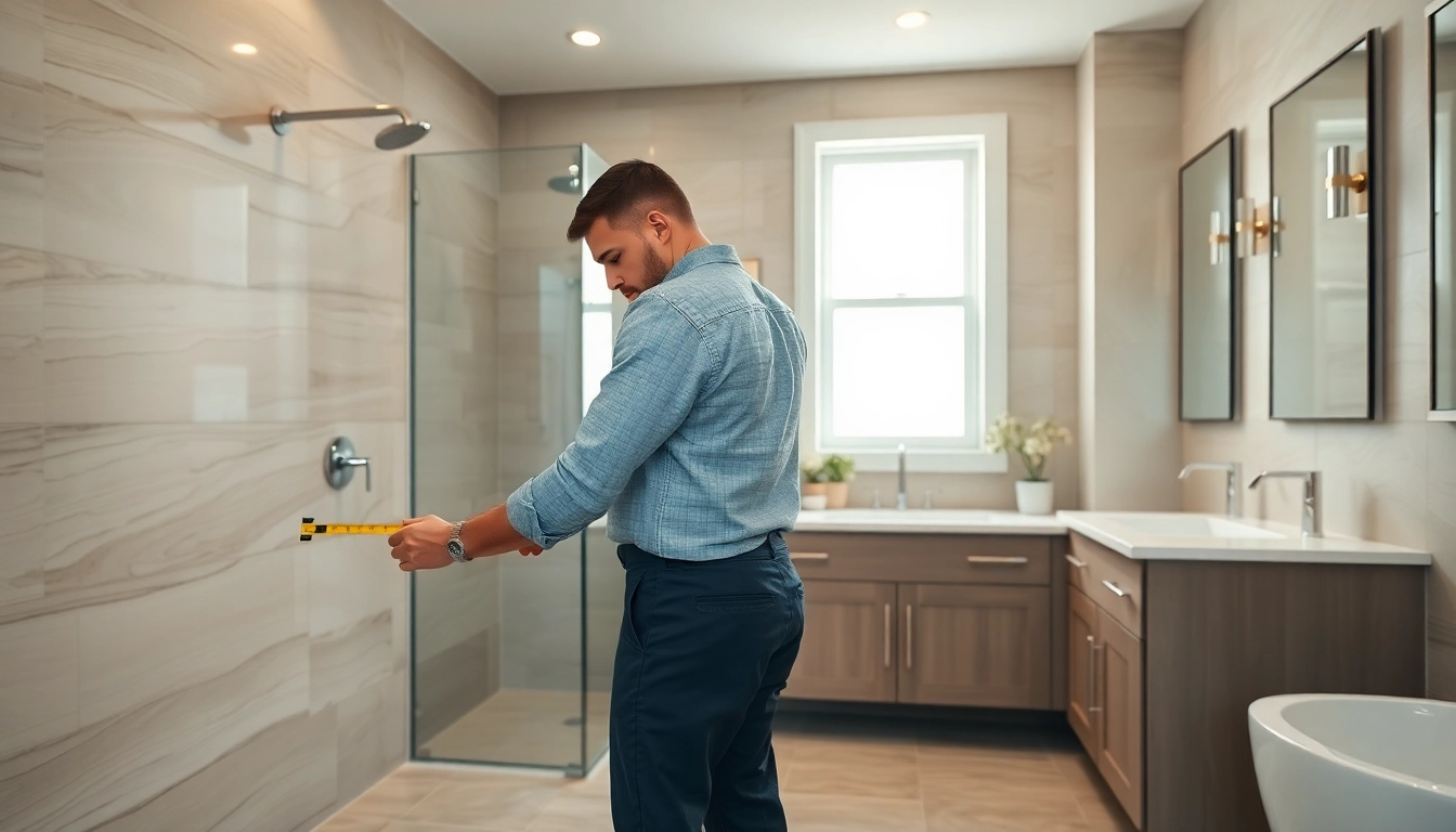 Bathroom remodeling specialist measuring for new fixtures in an elegant bathroom.
