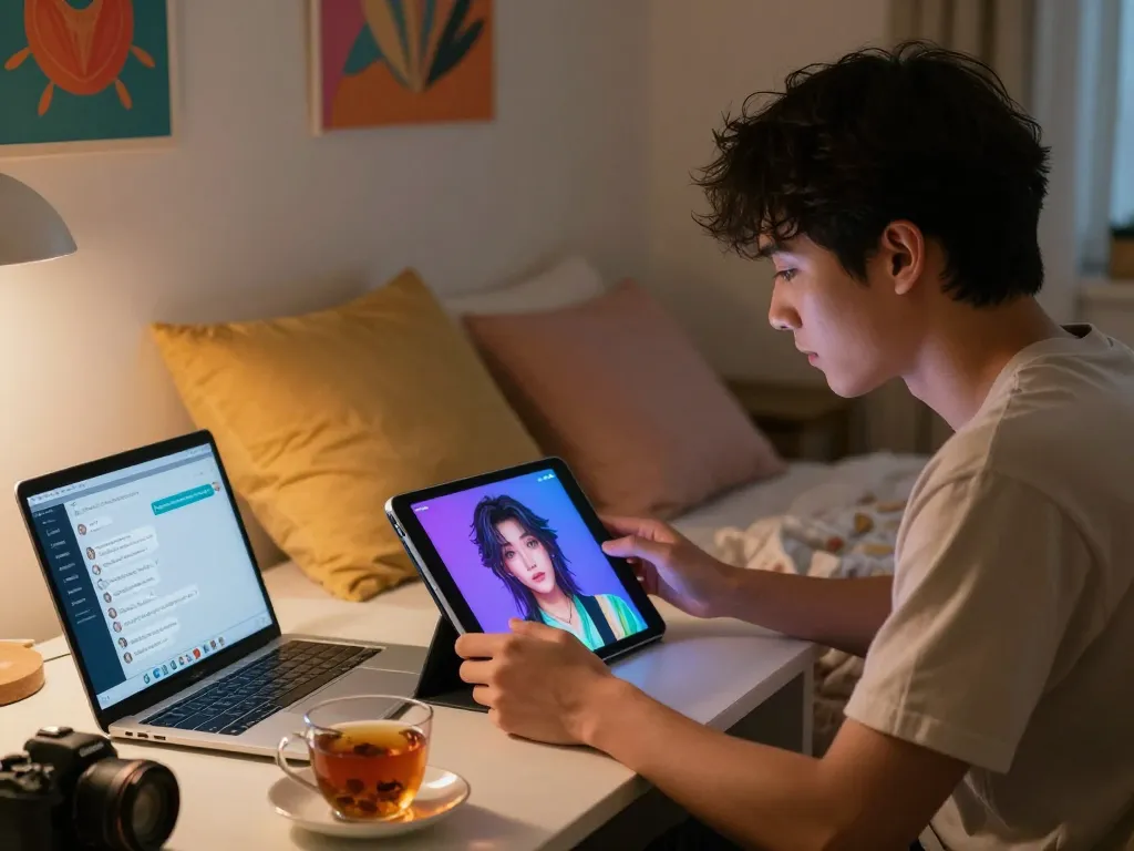 Engaging with an 18+ AI character in a cozy bedroom setting, highlighting intimate digital interaction.