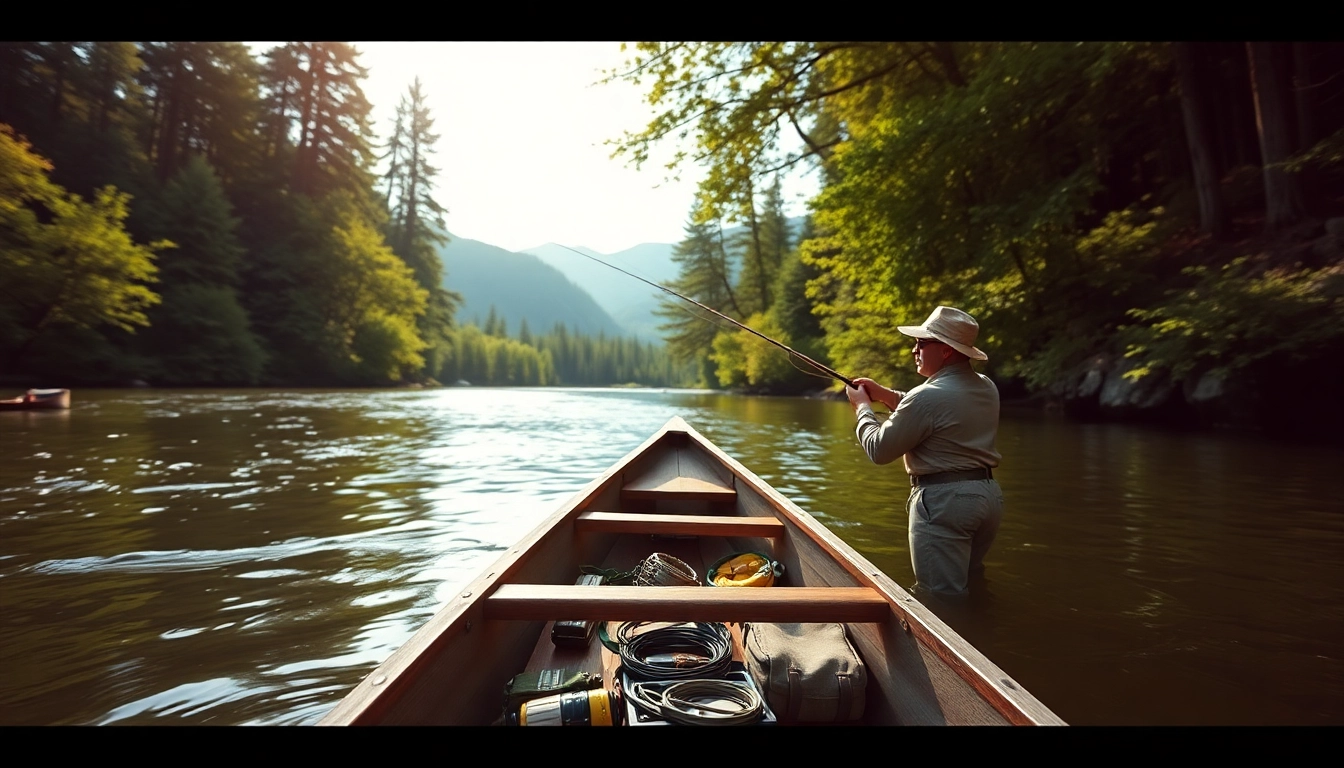 Novice angler practicing fly fishing for beginners by a tranquil river, surrounded by nature.