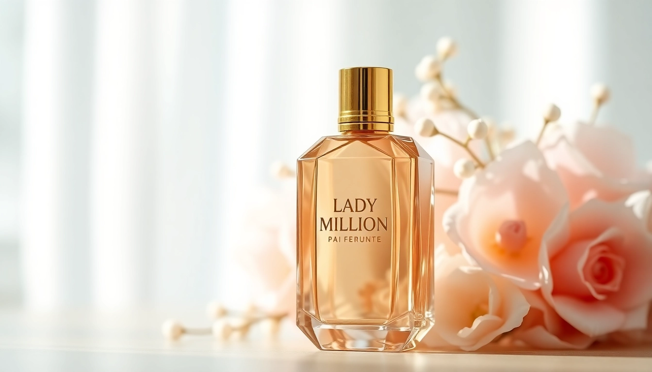 Shop the cheapest lady million perfume, featuring a luxurious bottle design against a floral backdrop.