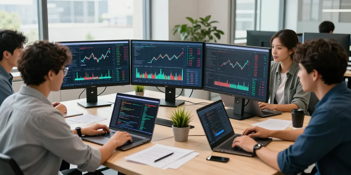 Dynamic fintech data integration service development team collaborating on innovative financial APIs in a modern workspace.