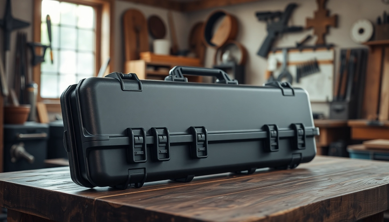 Showcase a pelican rifle case on a wooden table in a workshop, highlighting durability and craftsmanship.