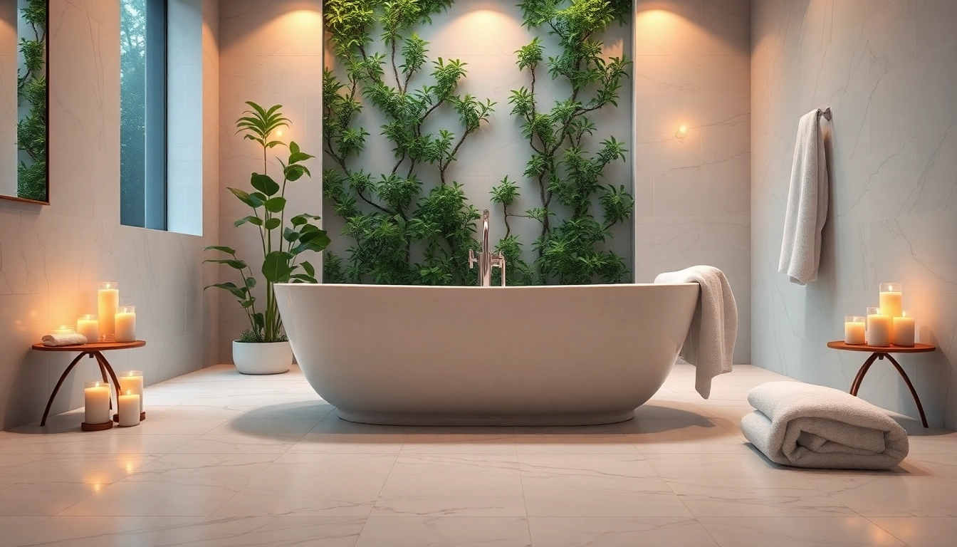 Vasca da bagno elegante in un bagno lussuoso con luci soffuse e decorazioni raffinate.