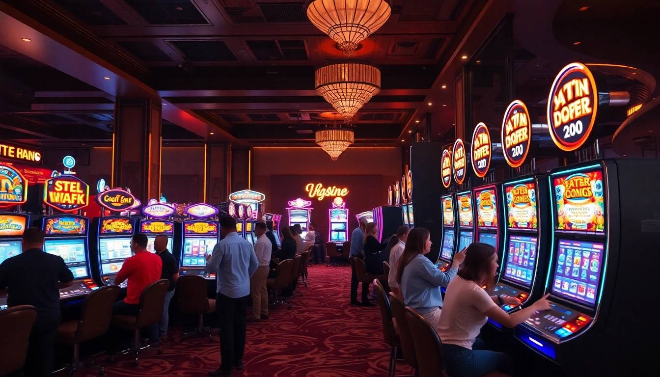 Engaging atmosphere of a Non gamstop Casino Uk with vibrant slot machines and excited players.