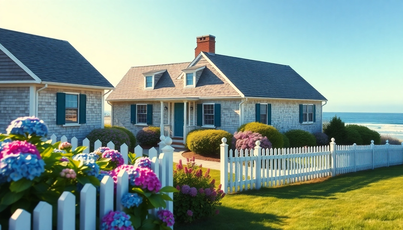 Charming cape cod home with a bright beach backdrop, inviting exterior features, and lush landscaping.