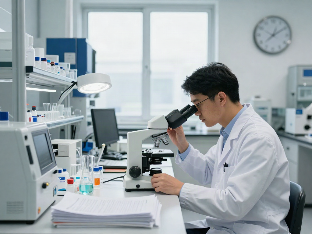 BPC-157 research supplier analyzing peptides in a high-tech lab environment.