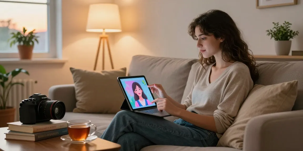 Engaging scene of a young woman interacting with her AI girlfriend on a tablet, cozy indoor setting with warm lighting and personal touches.