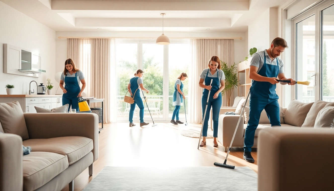 Cleaning services near me team professionally tidying a modern home, showcasing bright interiors.