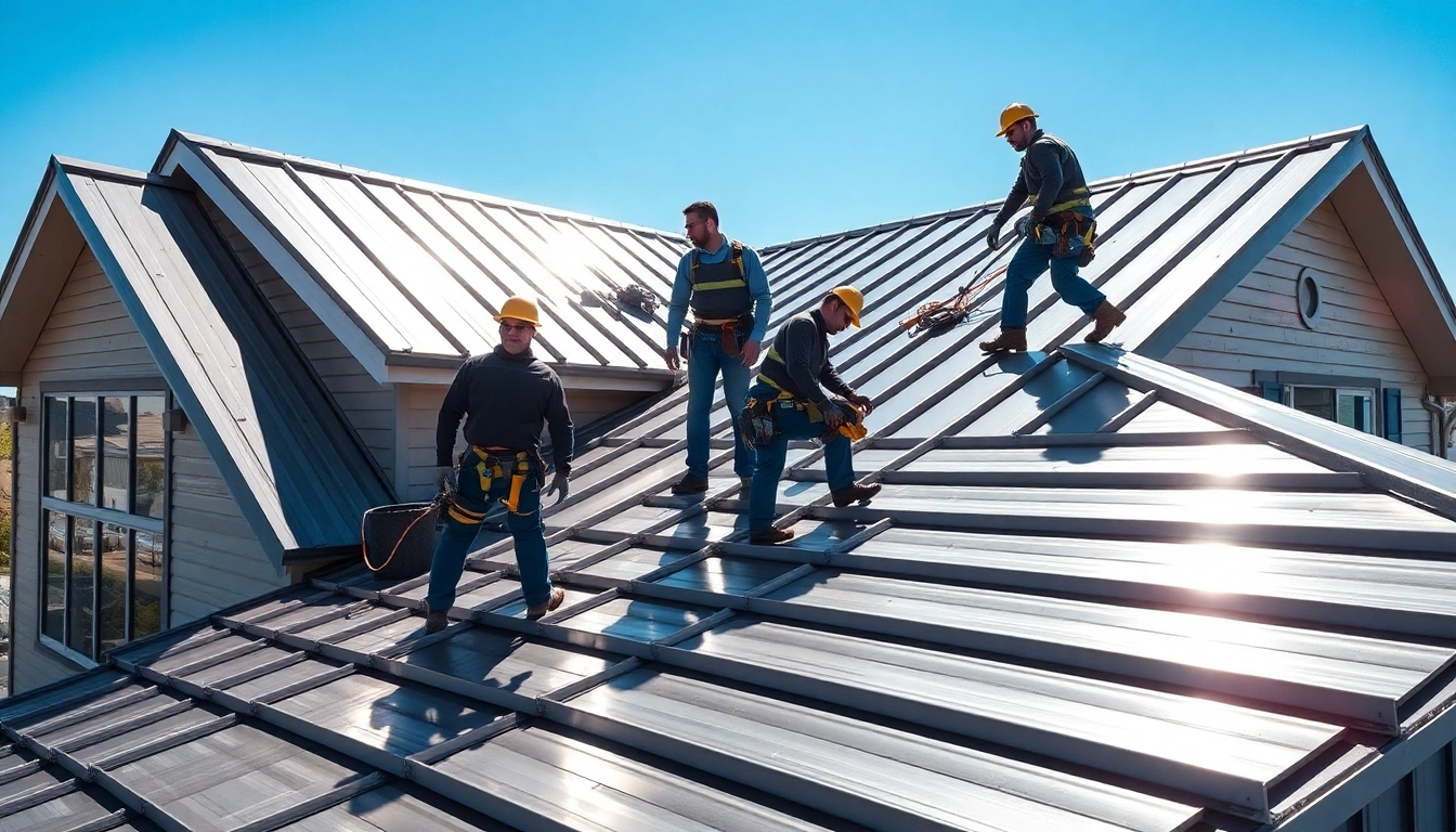 Installers working on metal roofing toronto, showcasing quality craftsmanship with bright colors and natural lighting.