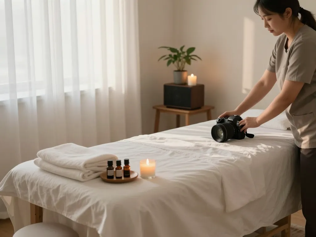 Tranquil 논현동마사지 therapy room with a therapist preparing for a calming session, evoking relaxation and peace.