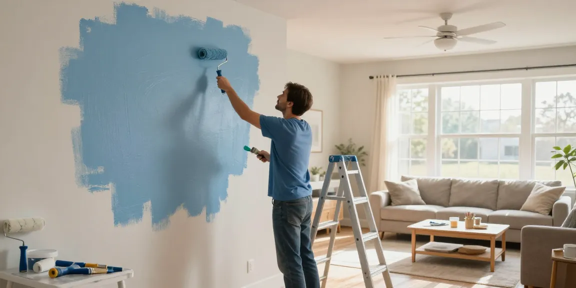 Interior painters Polk County IA transforming a living room with fresh blue paint.