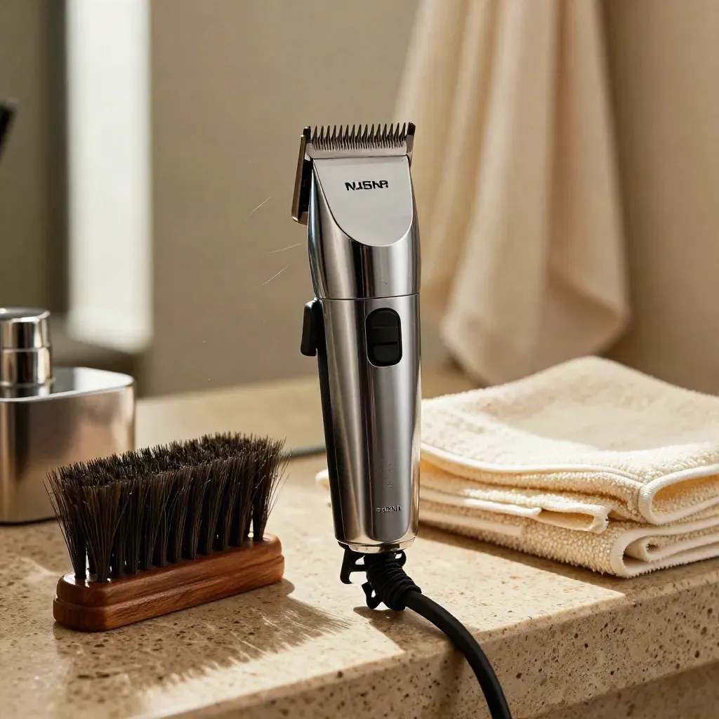 Close-up of barber clipper, comb, brush, towel, and clipped hair on travertine in soft daylight.