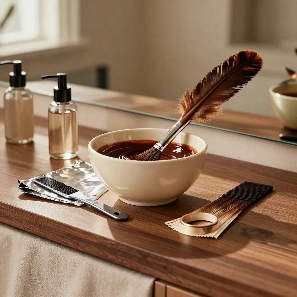 Salon color tools and gloss bowls on a walnut counter for root touch-ups.