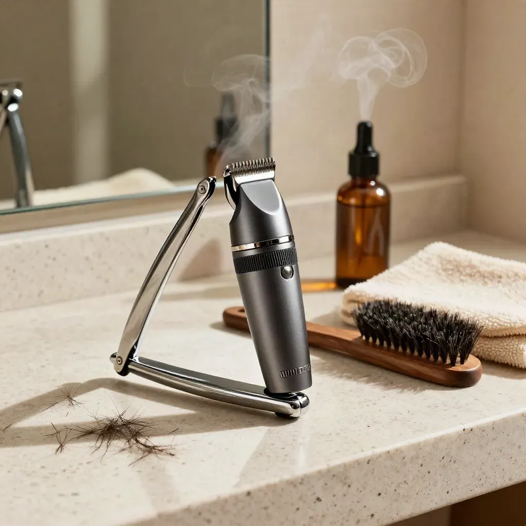 Beard grooming tools and warm towel on a stone counter in soft salon window light.