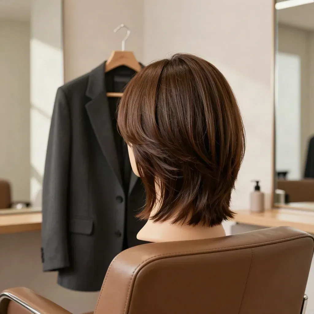 Layered brunette mannequin cut beside a charcoal blazer, chair, and mirror in warm morning light.