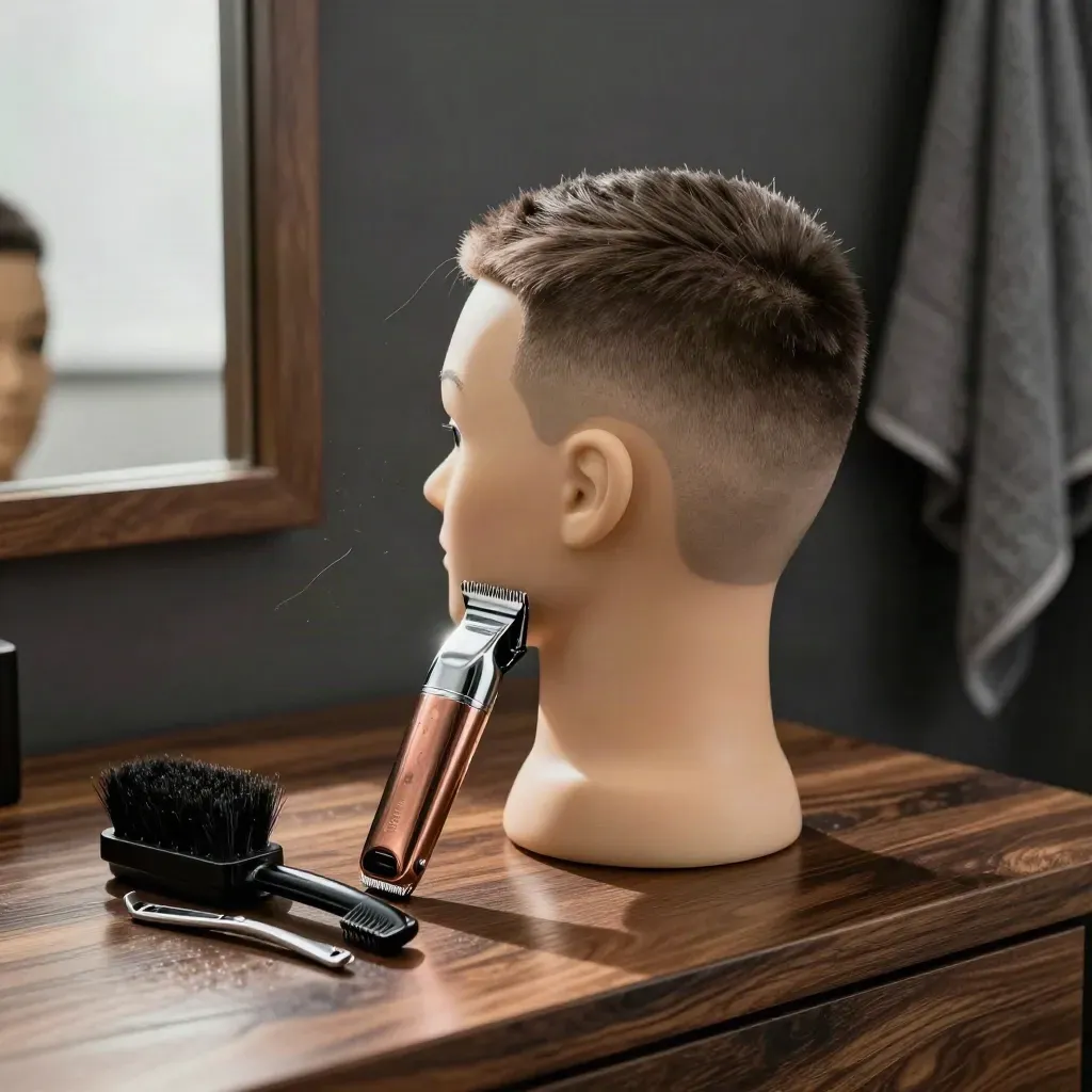 Mannequin head with a fresh low fade, clippers, guards, and neck brush on a dark salon counter.