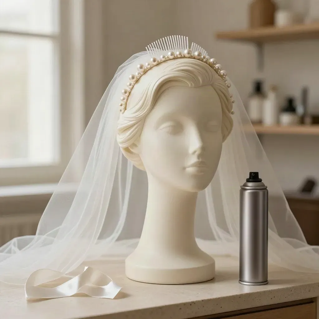 Bridal waves on a mannequin head with pearl pins, veil comb, ribbon, and spray on a salon counter.