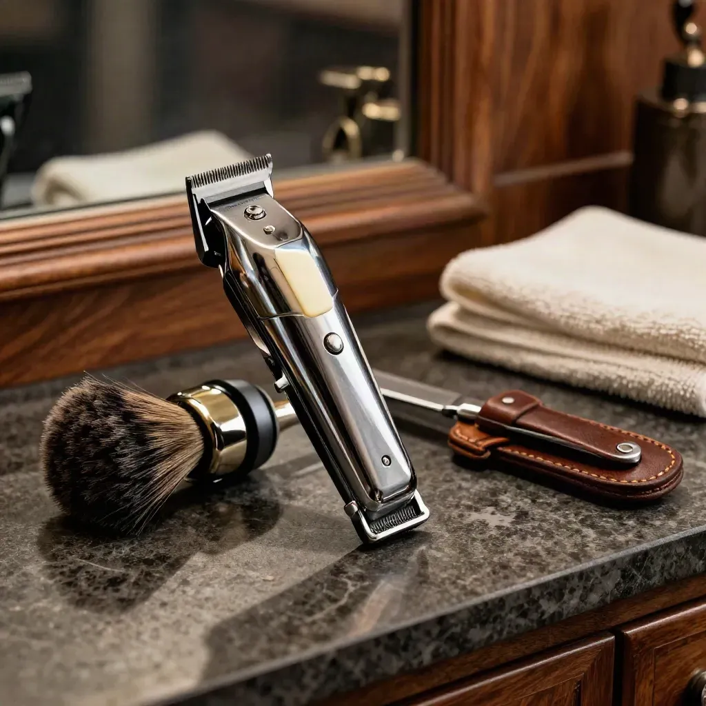 Chrome clipper, fade brush, and straight razor on dark stone with warm ivory highlights.
