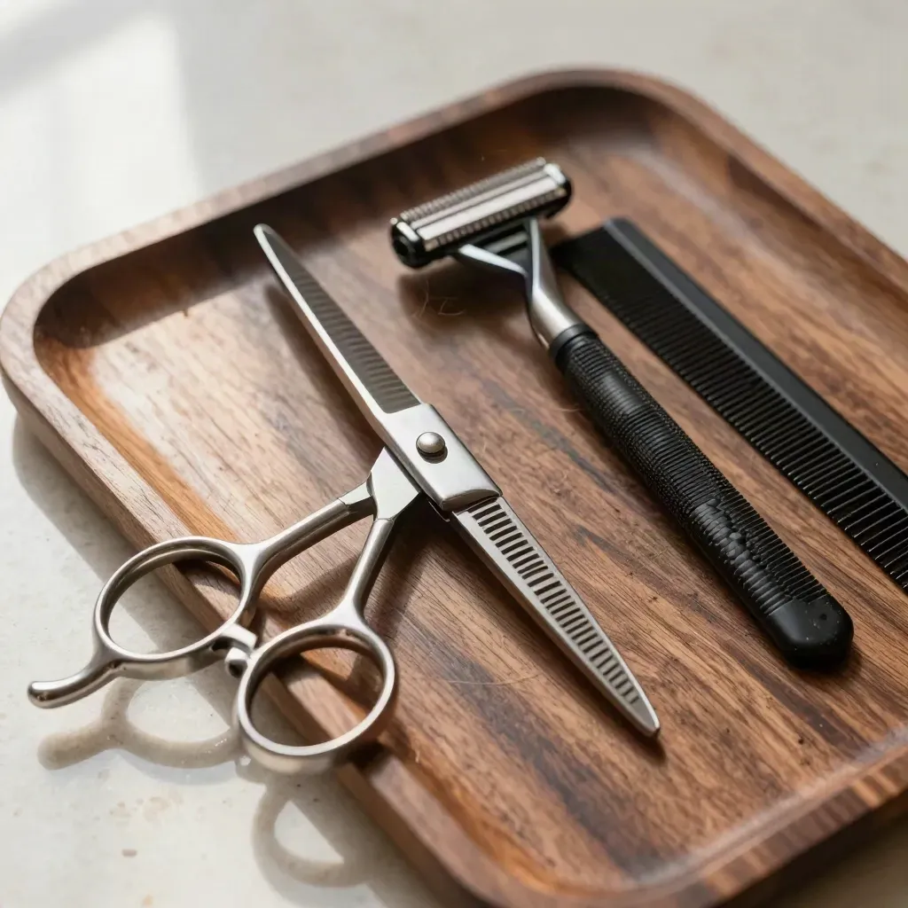 Macro still life of salon shears, texturizing razor, and carbon comb in a walnut tray.