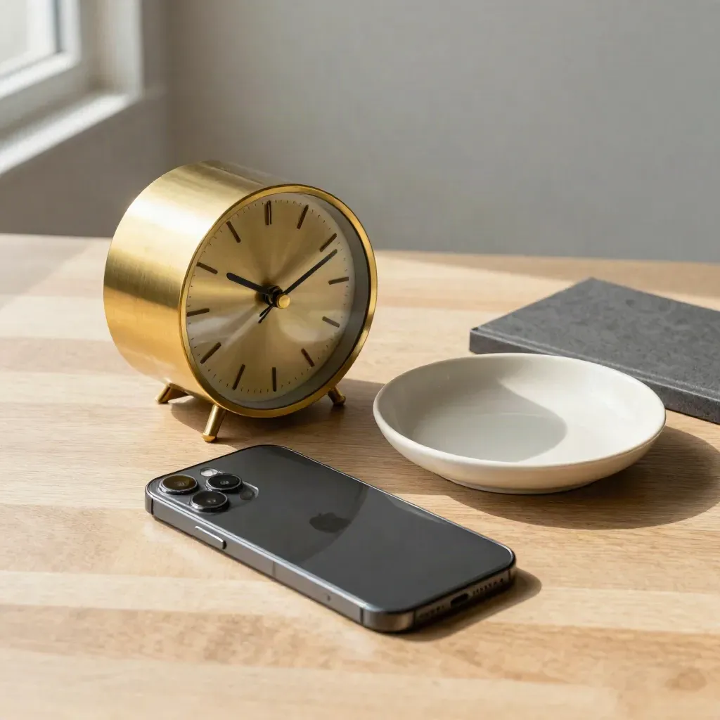 Brass clock, face-down phone and ceramic dish on pale wood in a booking-time still life.