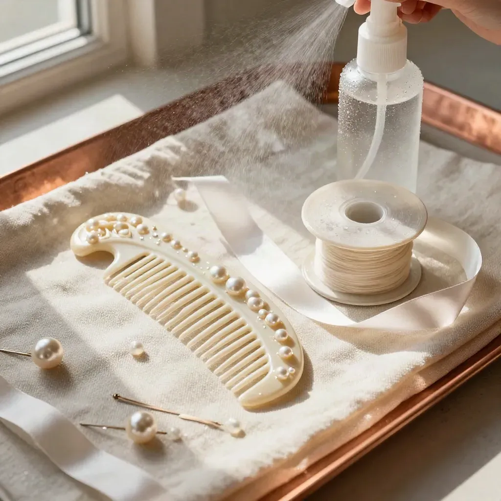Bridal styling tools on ivory linen: pearl pins, comb, ribbon spool, and mist spray bottle.