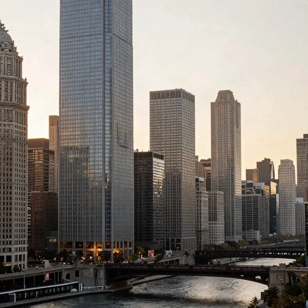 Chicago Loop skyline and river corridor glowing through warm haze, upper frame, calm open space below