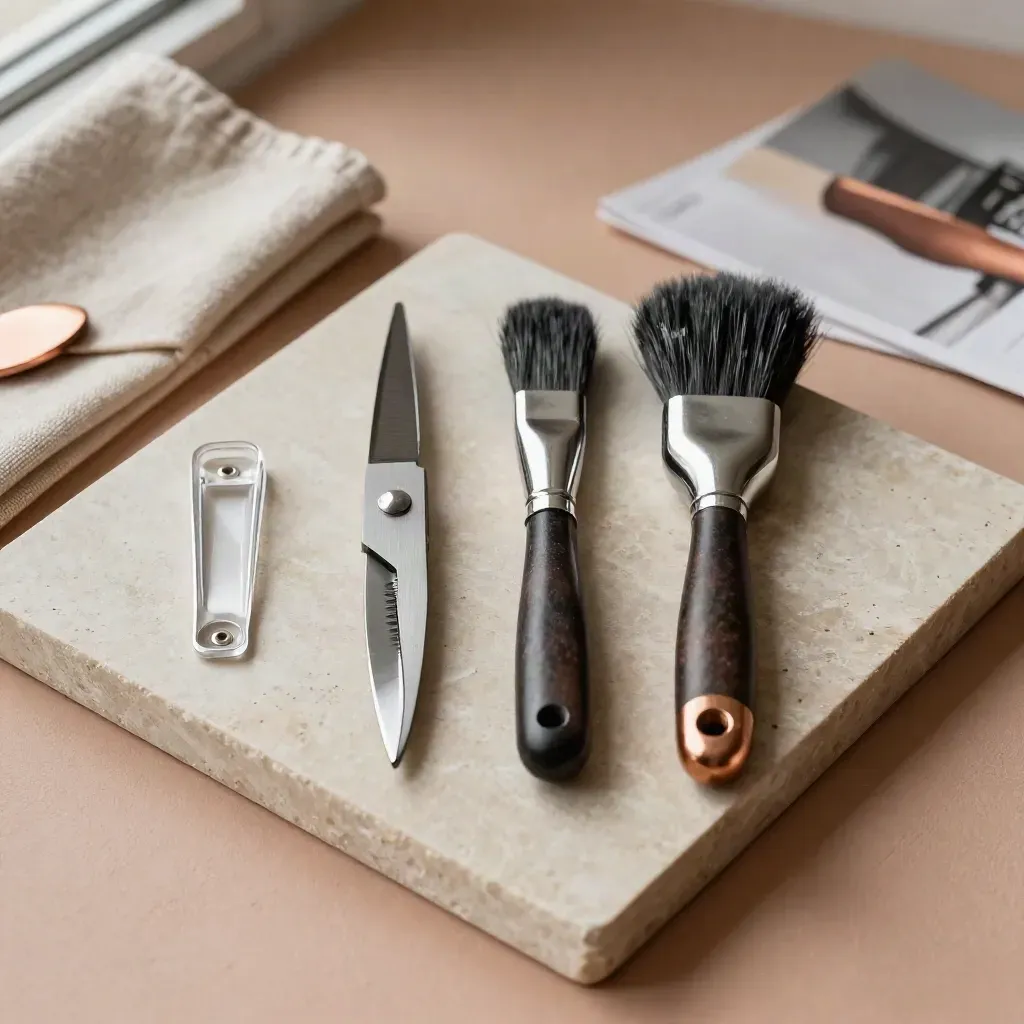 Hair styling tools arranged on a stone tray with linen cloth in soft side light