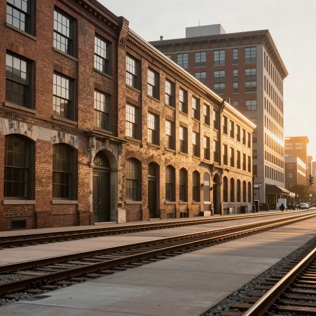 Golden West Loop brick lofts and rail lines under warm sunset haze.