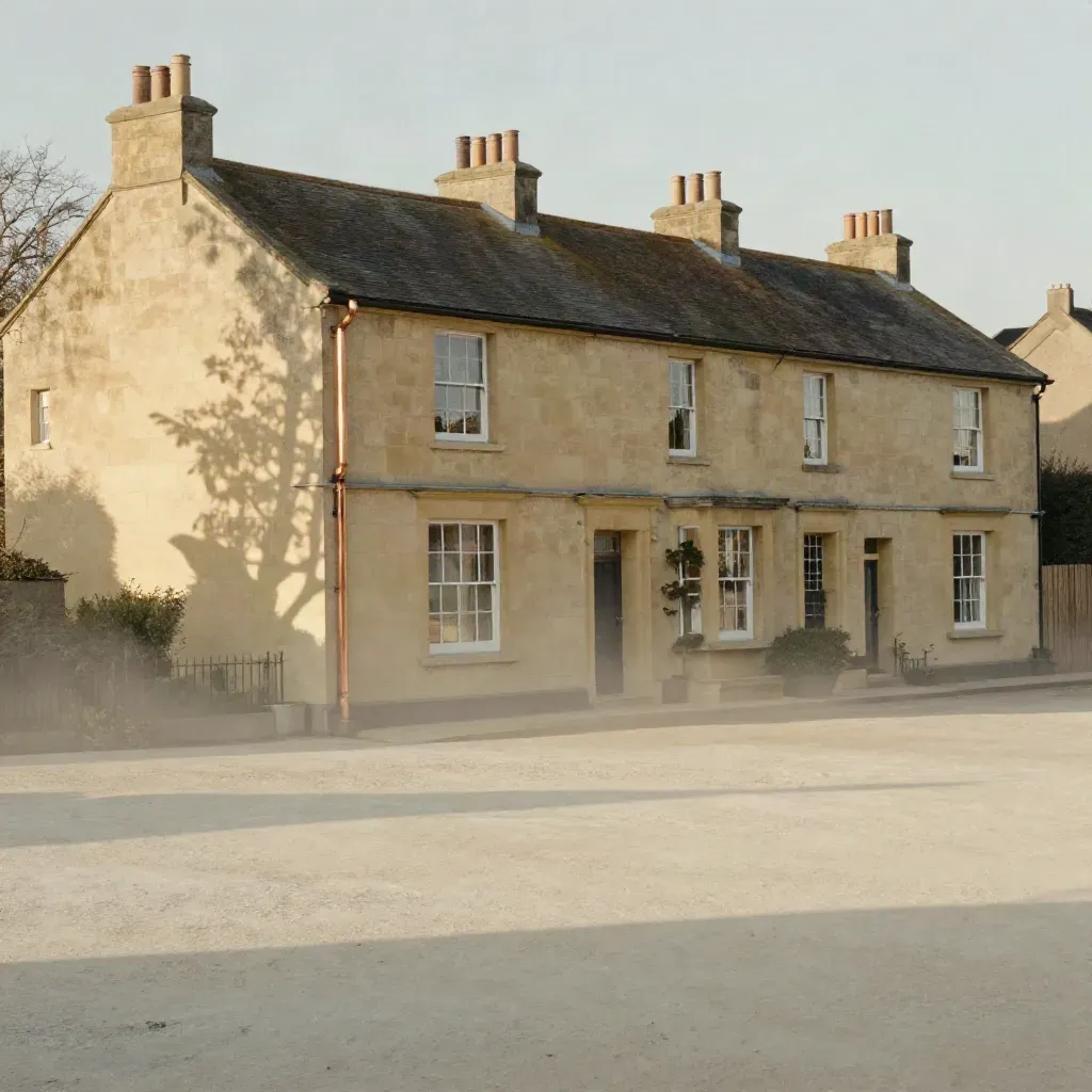 Warm limestone suburbs with tree shadows and a quiet haze for headline copy