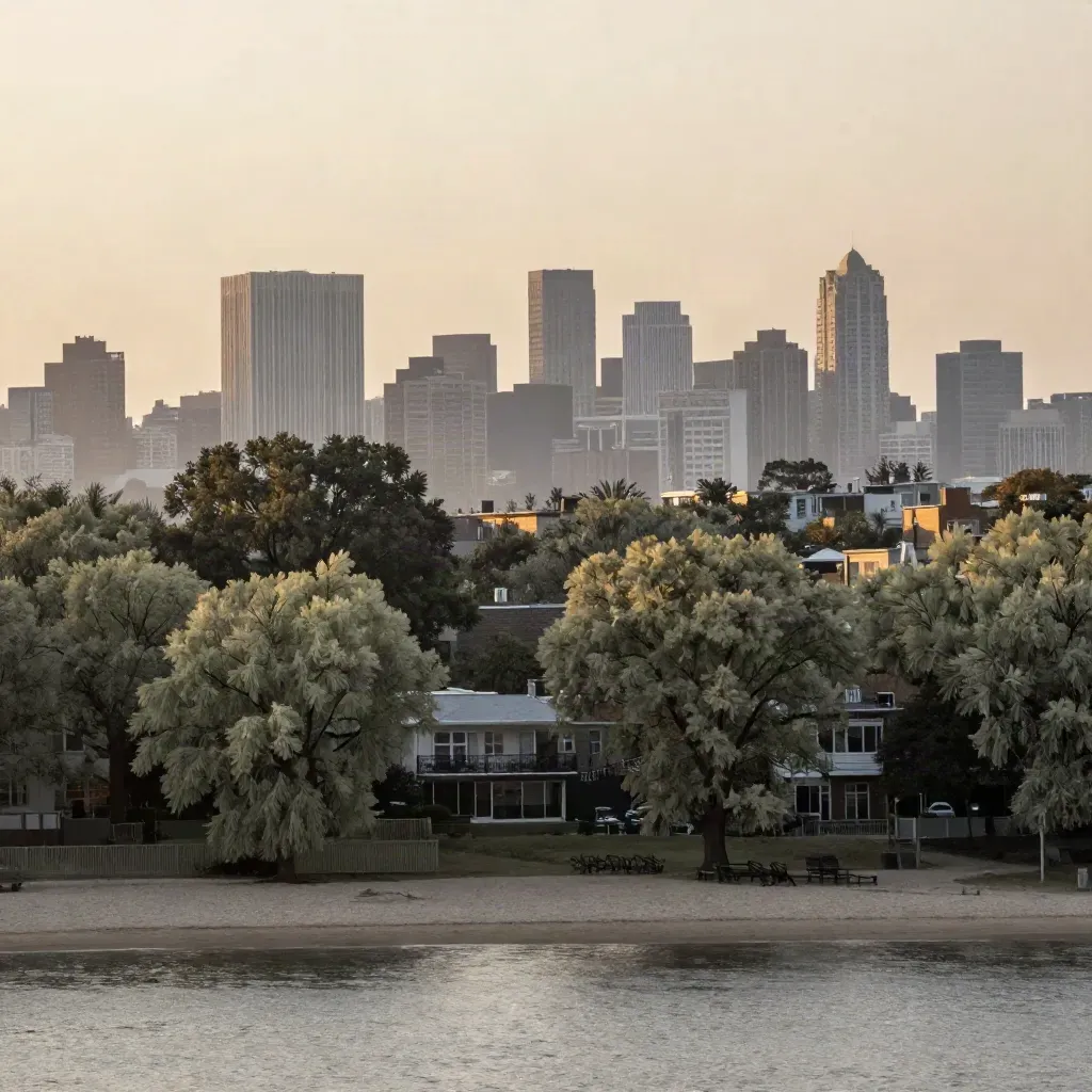 Chicago North Side lakefront with trees, low buildings and a hazy skyline above calm open water.