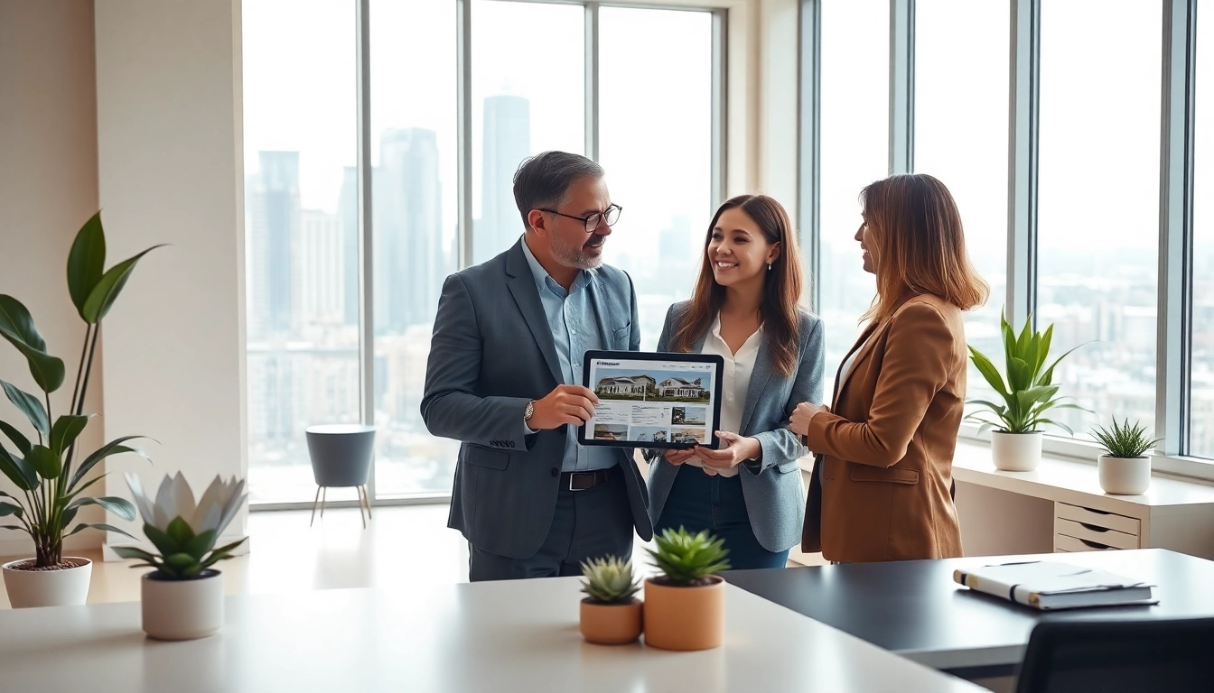 Real Estate professionals discussing listings in a bright office environment with city views.
