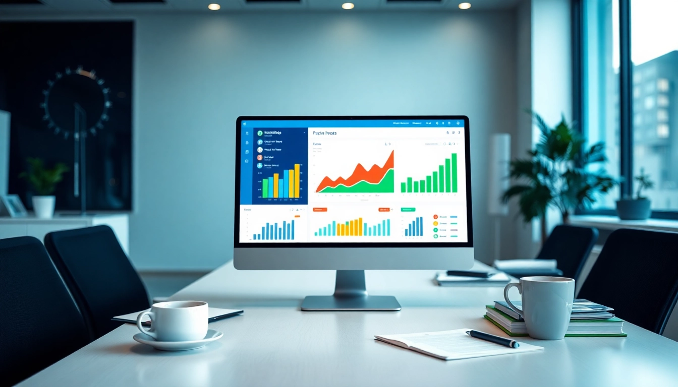 Visualize a cheap smm panel interface displaying vibrant analytics and social media metrics in a modern office.