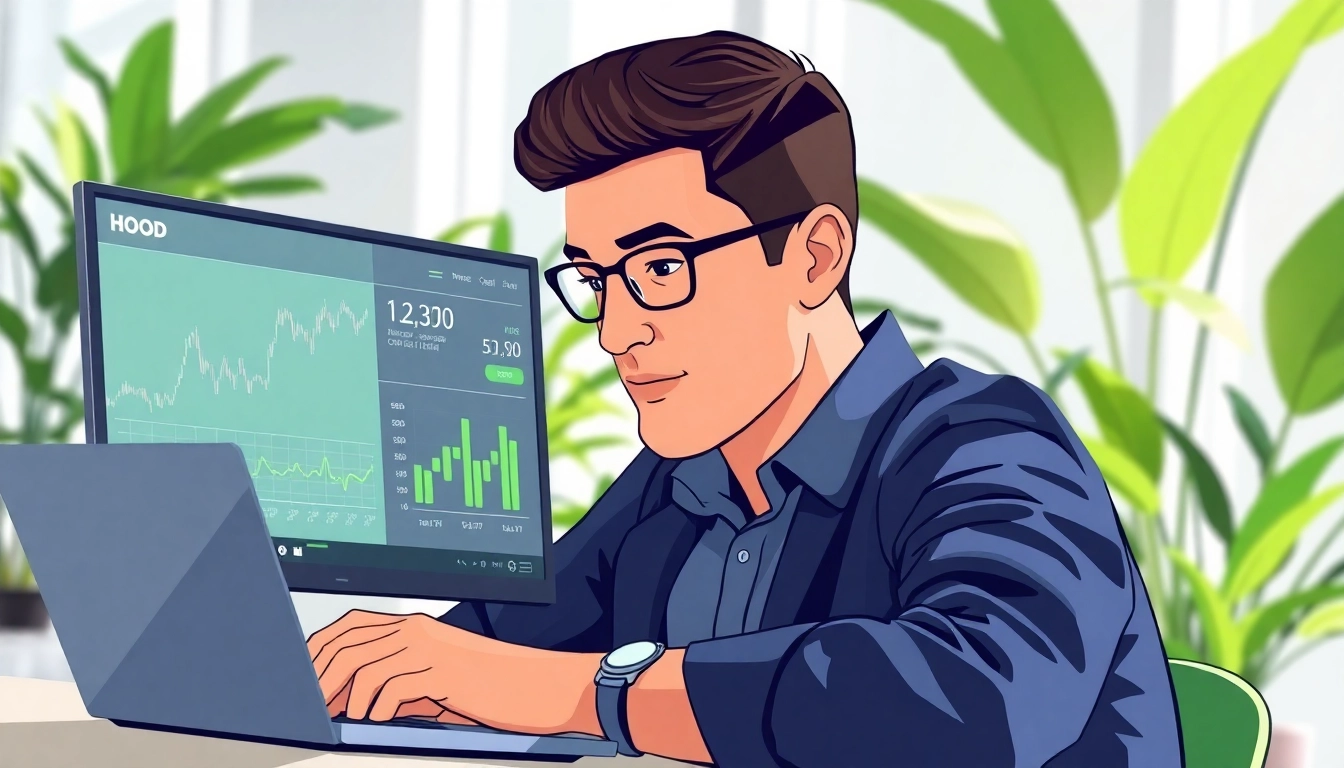 Analyze HOOD stock price trends with financial data on a laptop in a bright office setting.