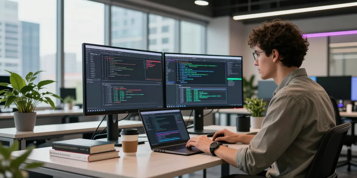 Software developer coding at innovative workspace showcasing https://factors.org.uk with modern tech tools and city view