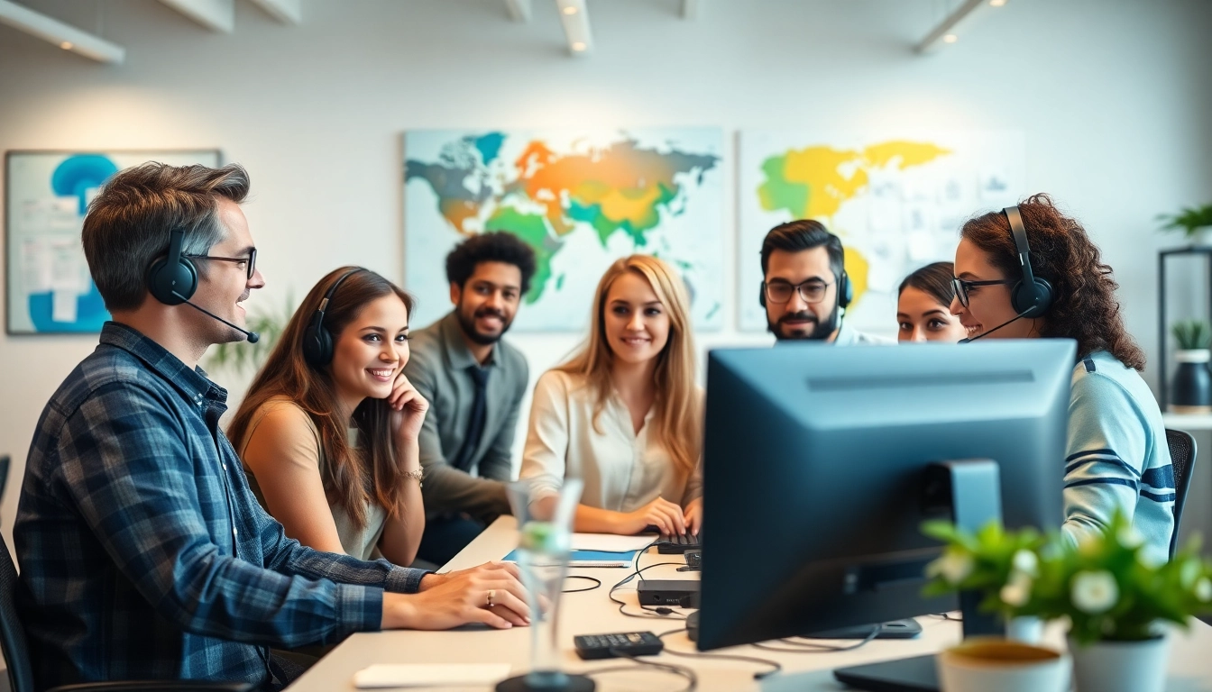 Helpdesk support team engaged in solving technical issues in a vibrant office.