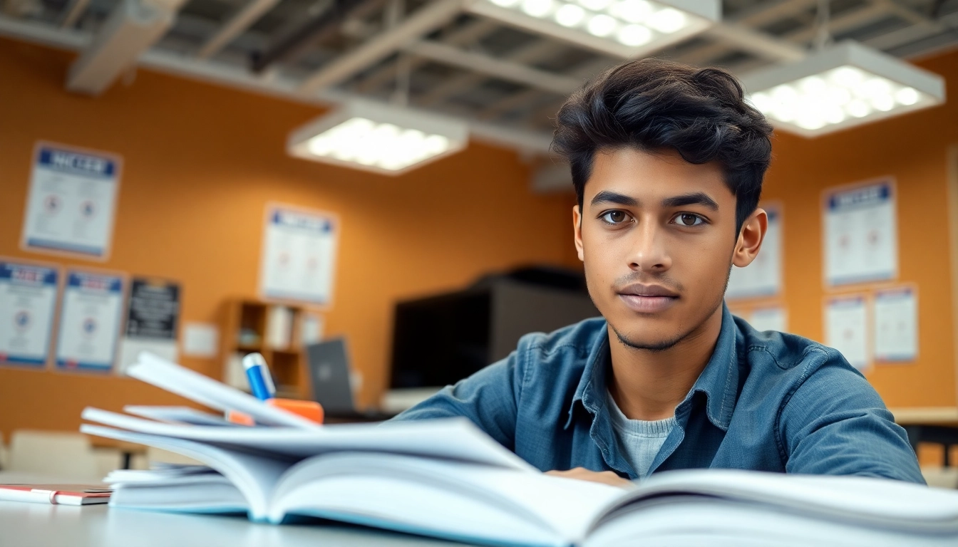 NCCER certification study scene with a focused student in a bright classroom