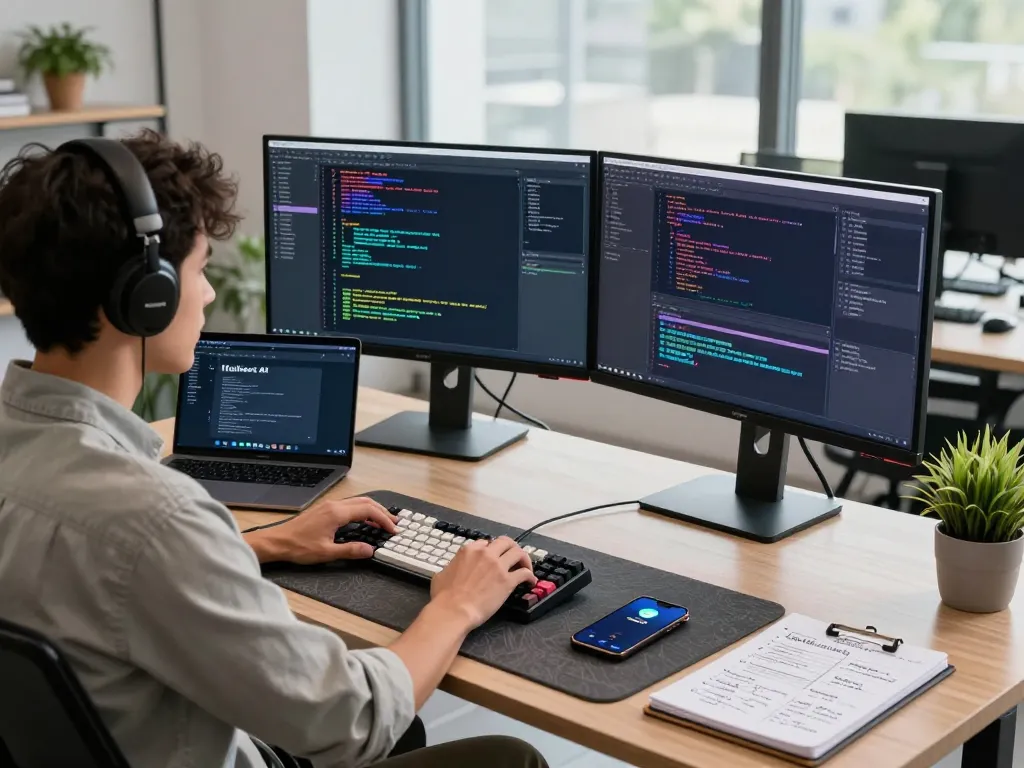 Dynamic workspace scene showcasing a developer coding with Moltbot AI, highlighting innovative tech usage.