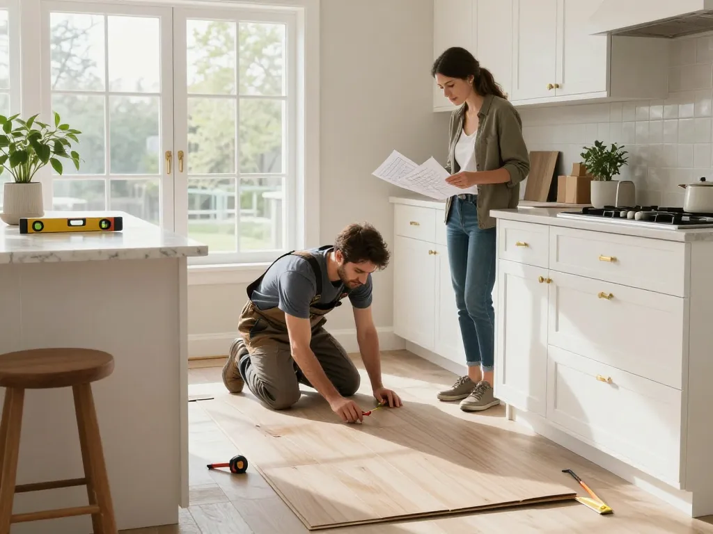 Kitchen renovation in progress at crediblekb.com with contractor and homeowner collaborating on design.