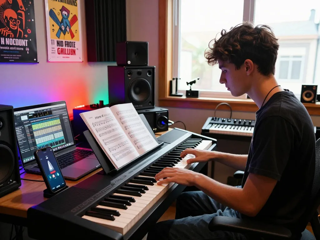 Musician playing the GO 88 digital piano in a vibrant studio setting with music production tools around.