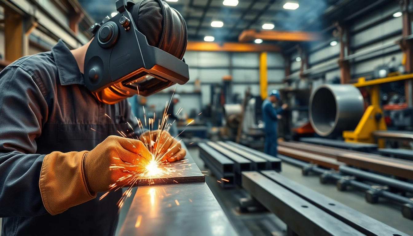 Skilled workers in a steel fabrication shop assembling and welding structures with precision.
