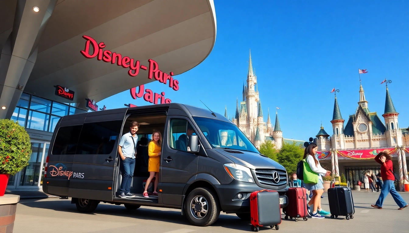 Families enjoying Disneyland Paris airport transfer services in front of the iconic entrance.