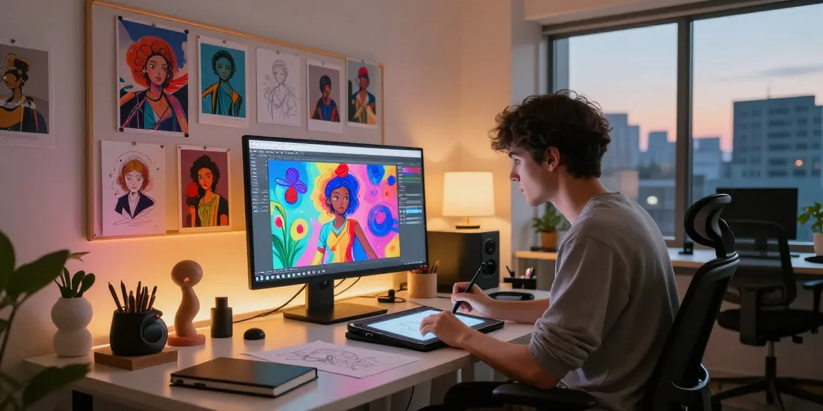 AI porn creative workspace featuring an artist designing digital adult content with advanced technology and vibrant art.