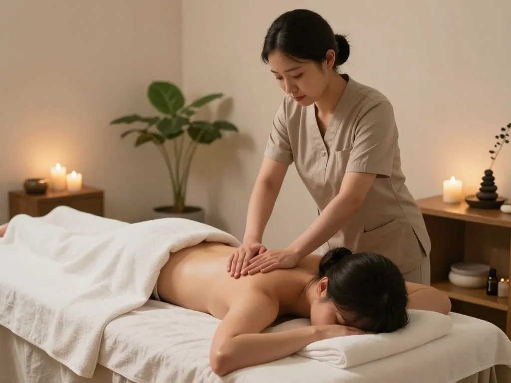 역삼동마사지 in a serene spa setting with calming lights and natural decor.