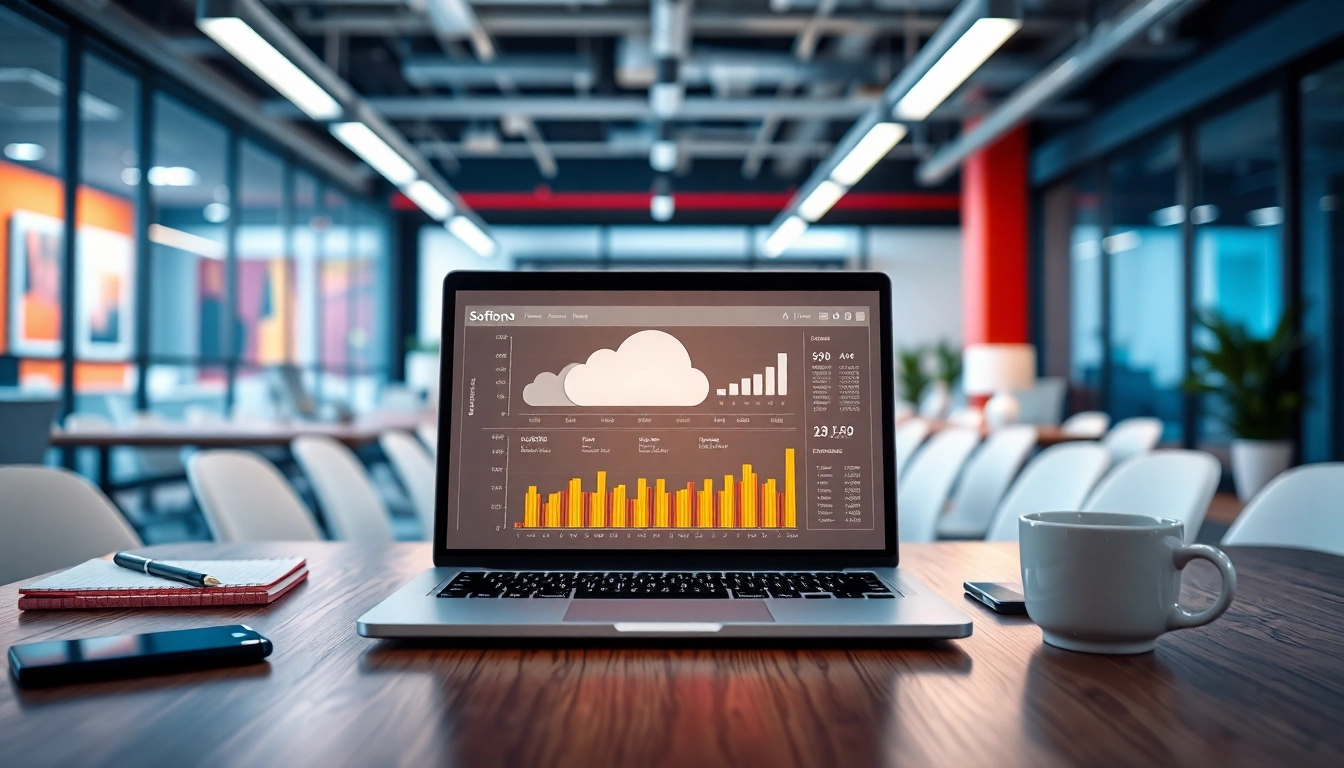 Showcase of Saas in a modern workspace with data metrics and cloud applications displayed.