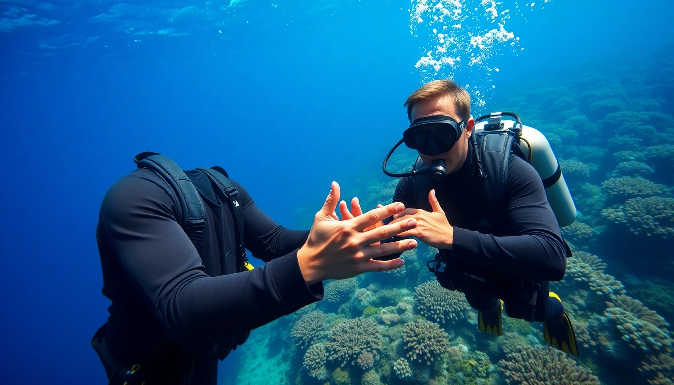 Tauch Ausbildung unter Wasser mit einem professionellen Tauchlehrer in Aktion.