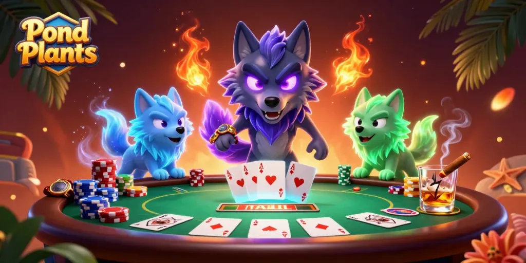 Engage with Pond Plants as ghostly wolves play poker amidst vibrant casino elements.