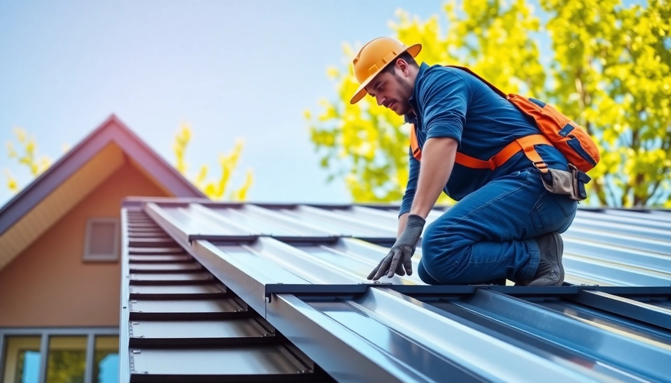 Installers working on metal roofing calgary with polished metal sheets under sunny skies.