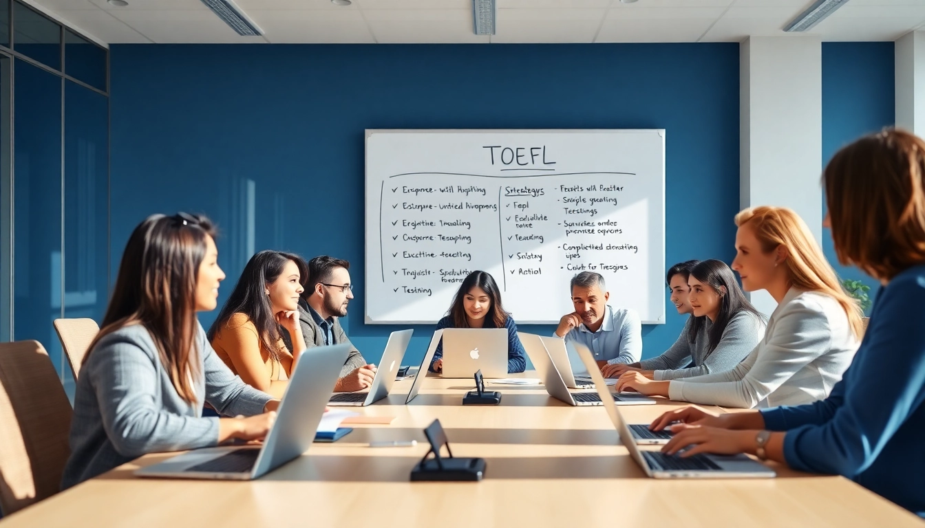 Engaged TOEFL test takers for hire collaborating in a modern office environment.