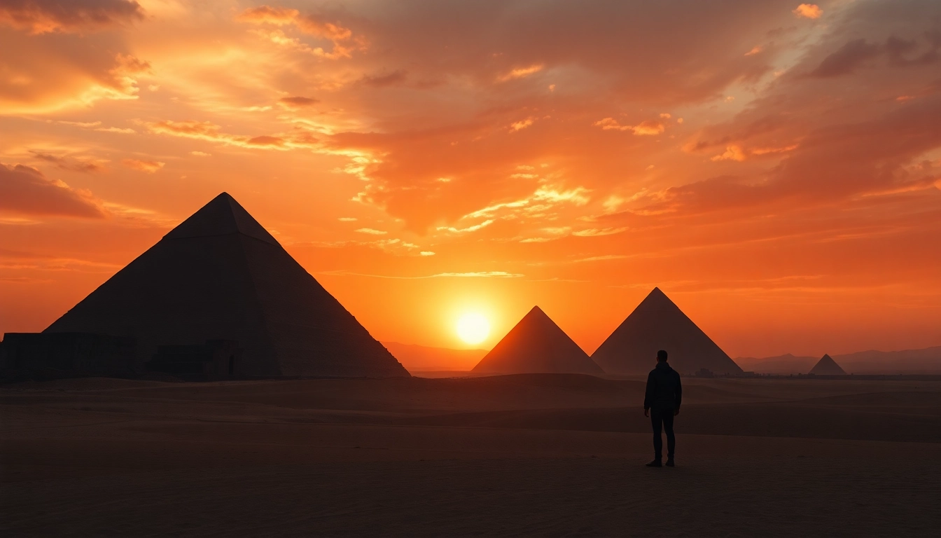Pyraminds viewed under a sunset sky, showcasing their grandeur and surrounding desert ambiance.