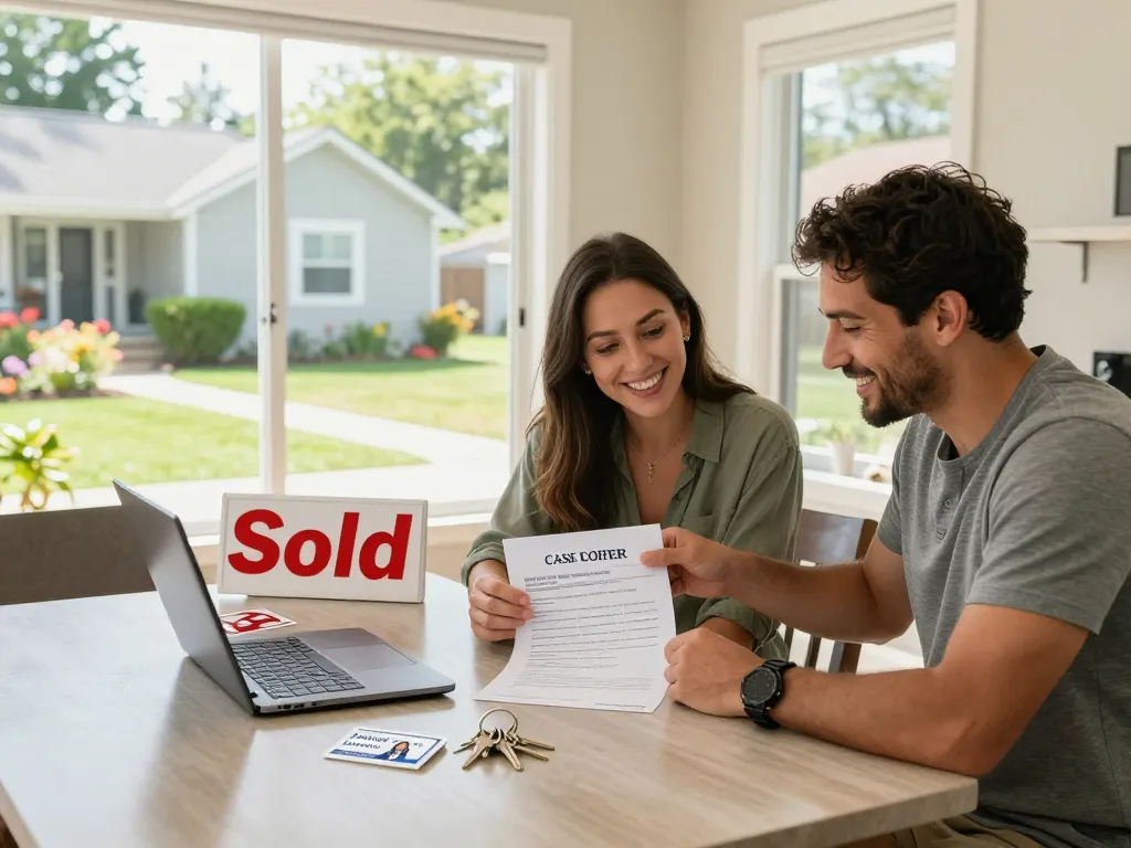We buy houses for cash scene with happy couple reviewing home offer in bright kitchen